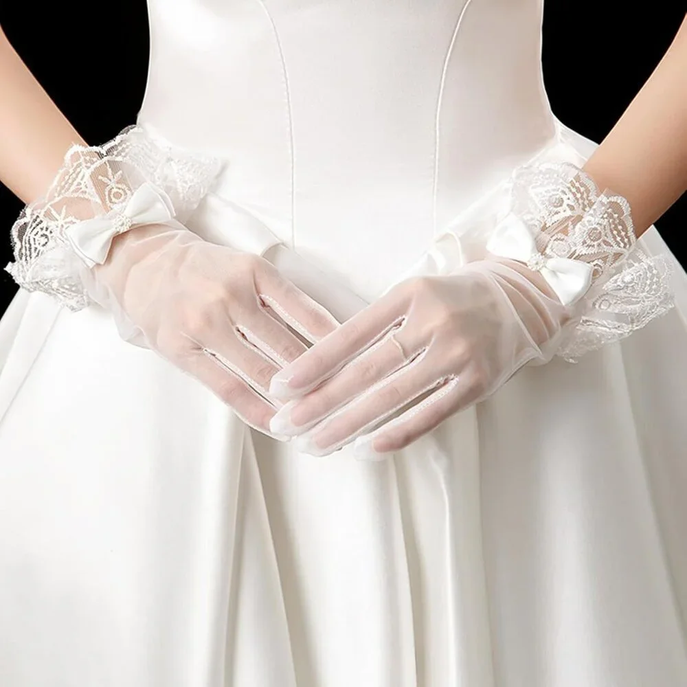 Women's Formal Floral Short Length Lace Wrist Bow Gloves Cream Wedding Costume